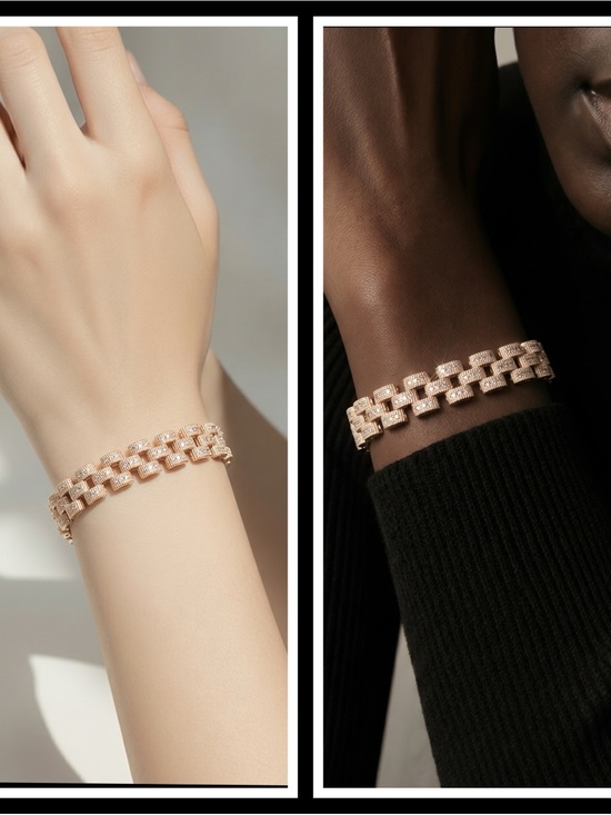 Jewelry - Gold Watchband Style Bracelet with Pave CZ Accents-Men and Women